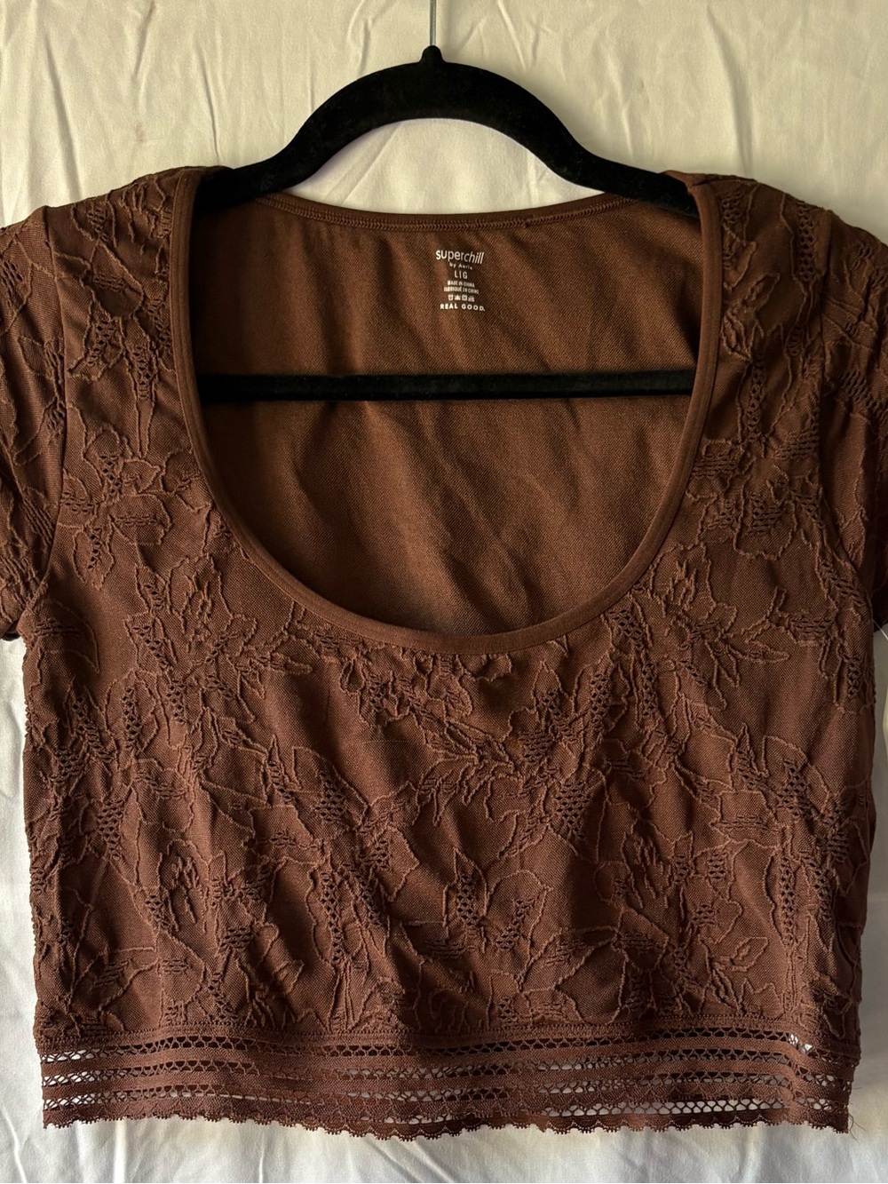 NWT Aerie Superchill Brown Floral Lace Scoop Neck Crop Top L